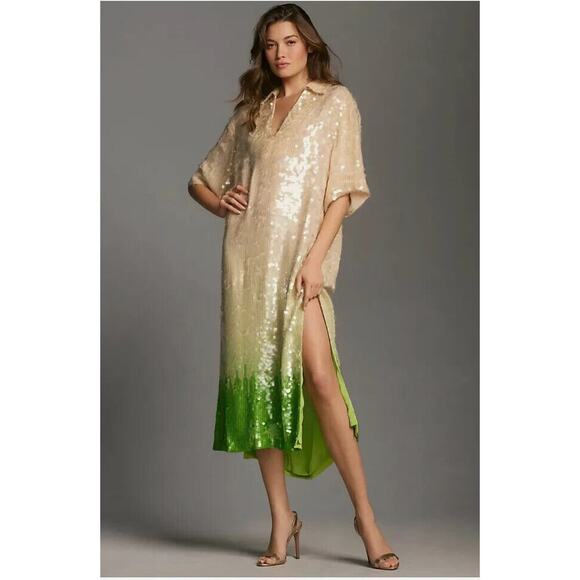 Anthropologie Dhruv Kapoor Short-Sleeve Collared Sequin Midi Dress Sze Small NWT - Picture 1 of 15